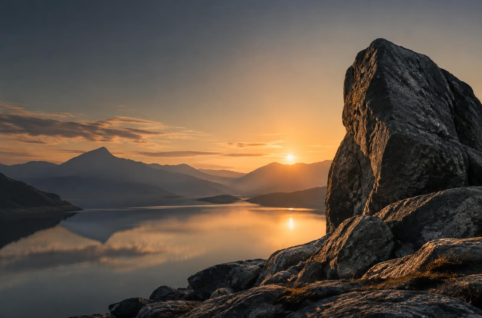 A strong rock overlooking a calm mountain lake at sunrise